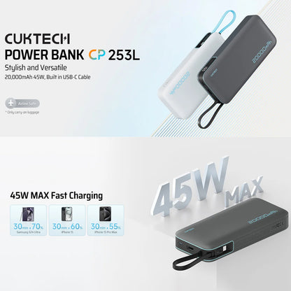Vanjska baterija Cuktech LPB200N, 20000mAh, 45W, QC + PD, 1 x USB-A - 2 x USB-C, Bijela CUKP200NGLLG