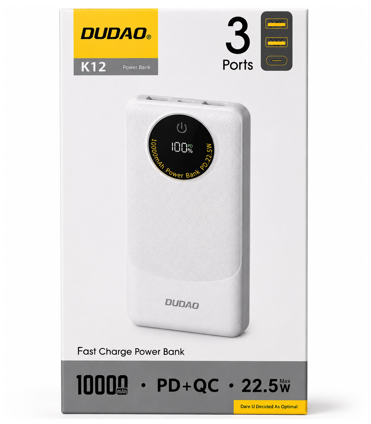Vanjska baterija Dudao K12, 10000mAh, 22.5W, QC + PD, 1 x USB-C - 2 x USB-A, Bijela
