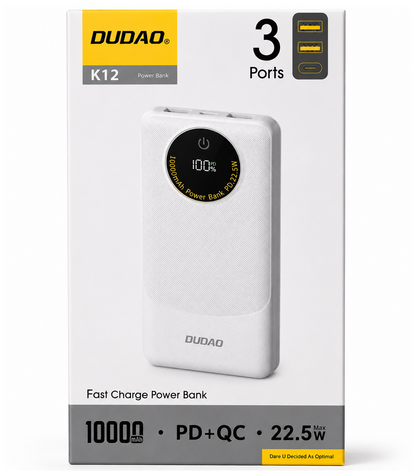 Vanjska baterija Dudao K12, 10000mAh, 22.5W, QC + PD, 1 x USB-C - 2 x USB-A, Bijela