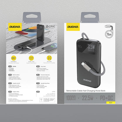 Vanjska baterija Dudao K31, 10000mAh, 22.5W, PD, 2 x USB-C, Crna