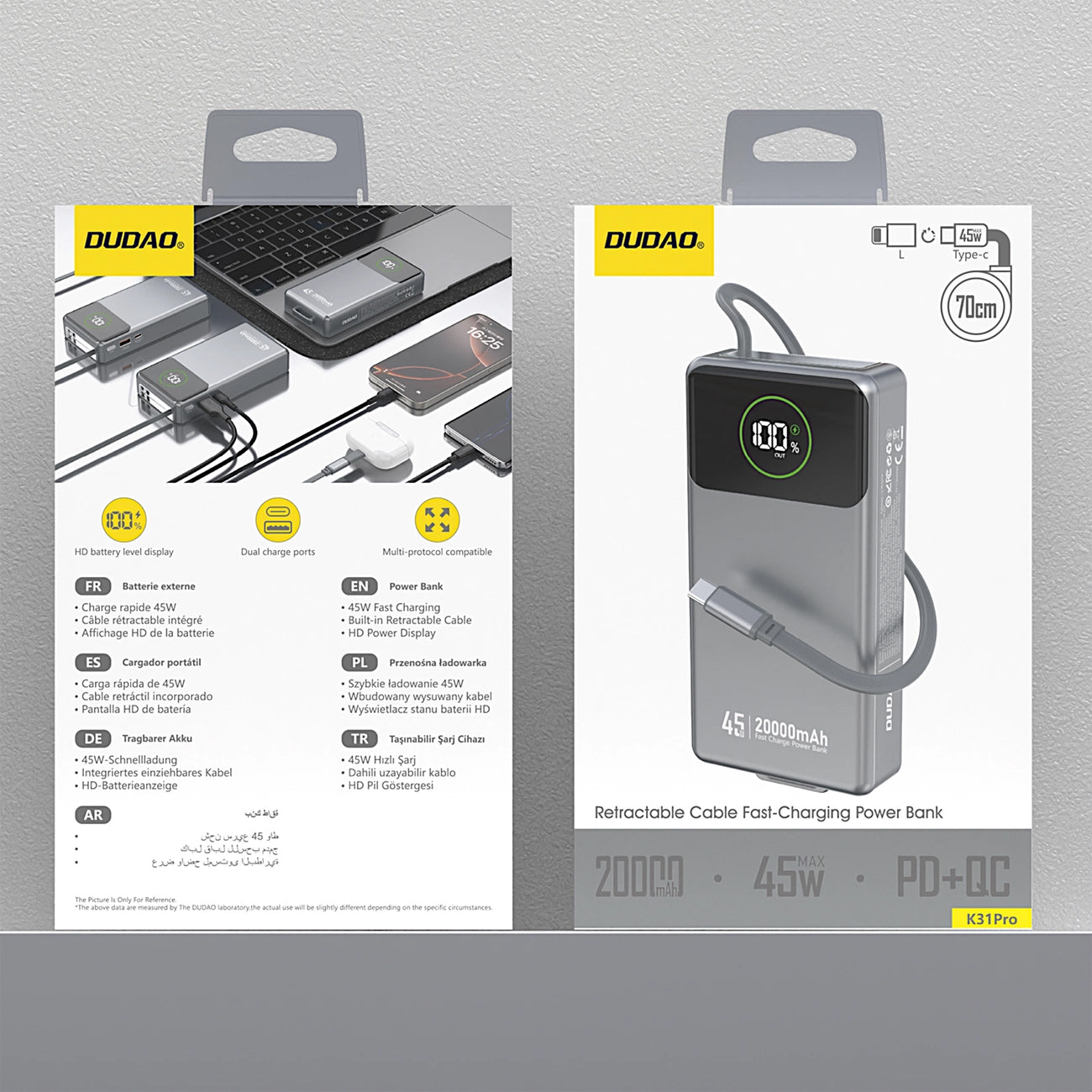 Vanjska baterija Dudao K31 Pro, 20000mAh, 45W, QC + PD, 1 x USB-A - 2 x USB-C, Siva