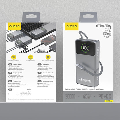 Vanjska baterija Dudao K31 Pro, 20000mAh, 45W, QC + PD, 1 x USB-A - 2 x USB-C, Siva