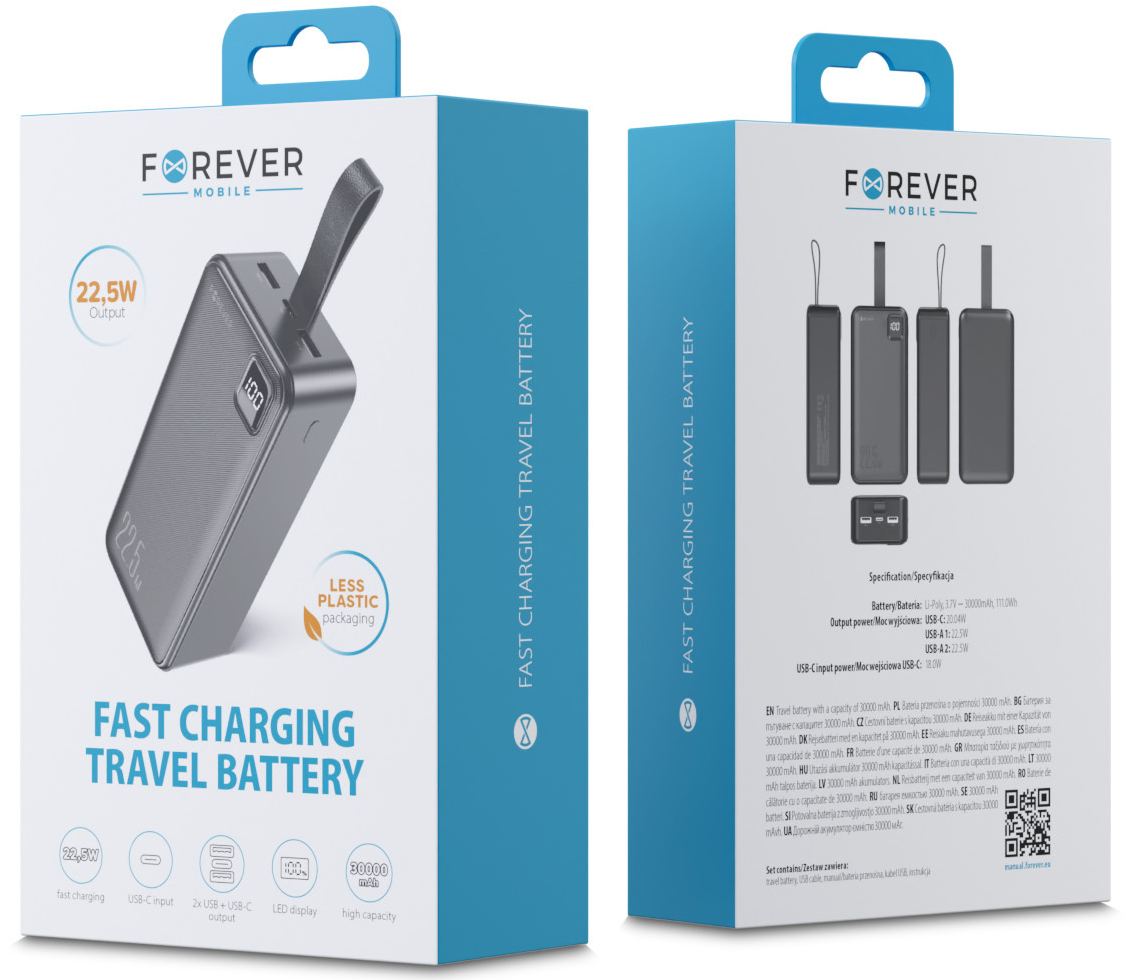 Vanjska baterija Forever TB-300XL, 30000 mAh, 22,5 W, QC + PD, 1 x USB-C – 2 x USB-A, crna