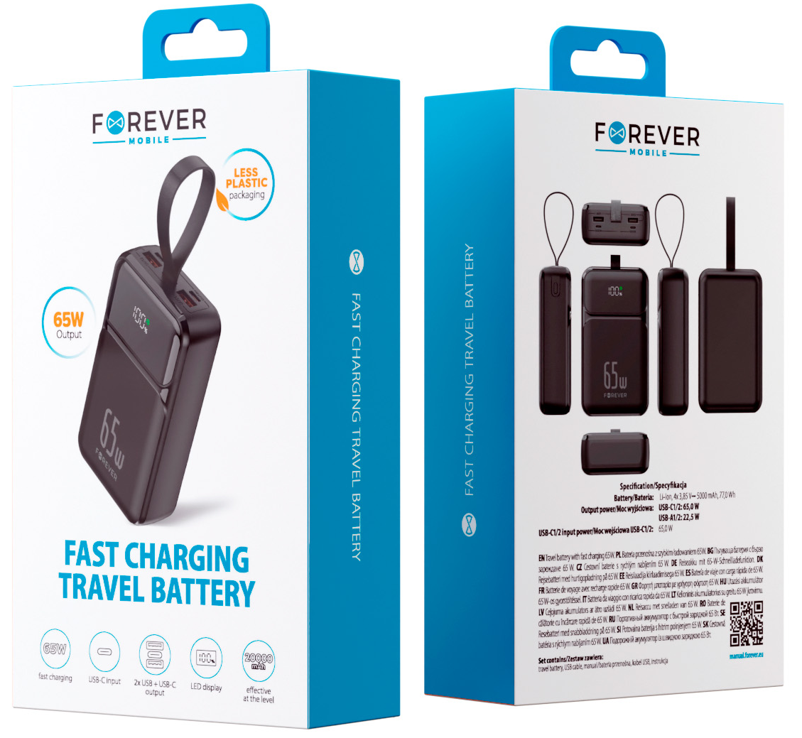 Vanjska baterija Forever TB-400, 20000mAh, 65W, QC + PD, 2 x USB-A - 2 x USB-C, Crna