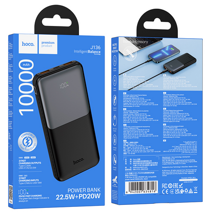 Vanjska baterija HOCO J136, 10000 mAh, 22,5 W, QC + PD, 1 × USB-C – 2 × USB-A, crna