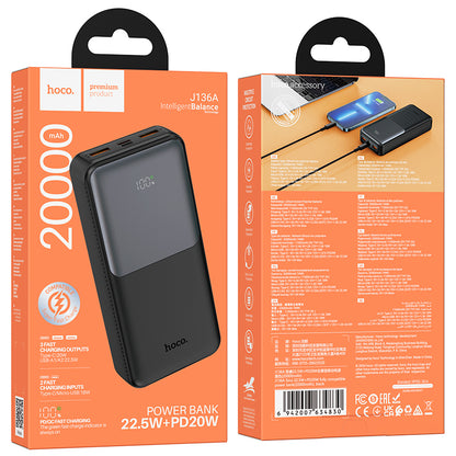 Vanjska baterija HOCO J136A, 20000mAh, 22.5W, QC + PD, 1 x USB-C - 2 x USB-A, Crna