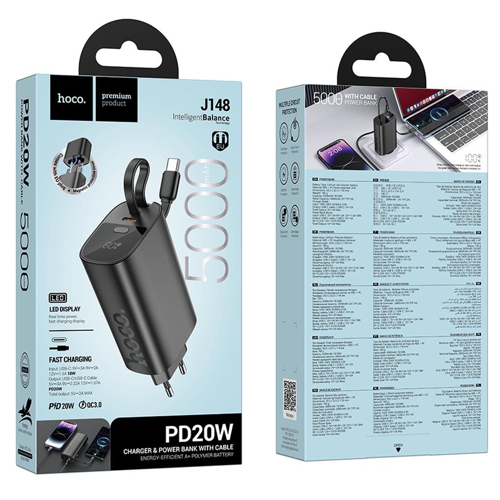 Prijenosna baterija HOCO J148 2u1, 5000 mAh, 20 W, PD, 2 x USB-C, crna