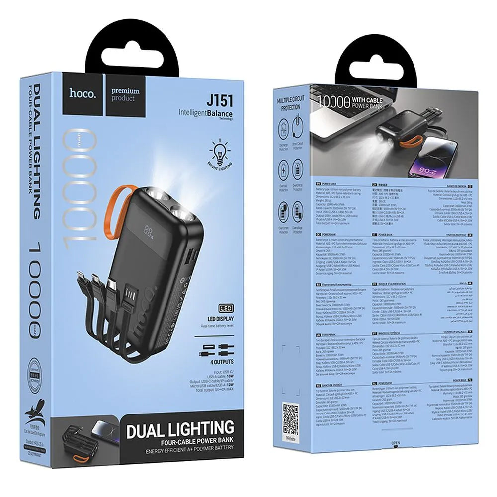 Vanjska baterija HOCO J151, 10000mAh, 10W, 1 x Lightning - 1 x microUSB - 1 x USB-A - 1 x USB-C, Crna