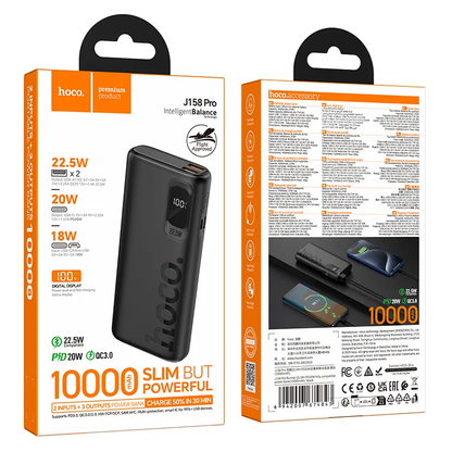 Vanjska baterija HOCO J158 Pro, 10000mAh, 22.5W, QC + PD, 1 x USB-C - 2 x USB-A, Crna