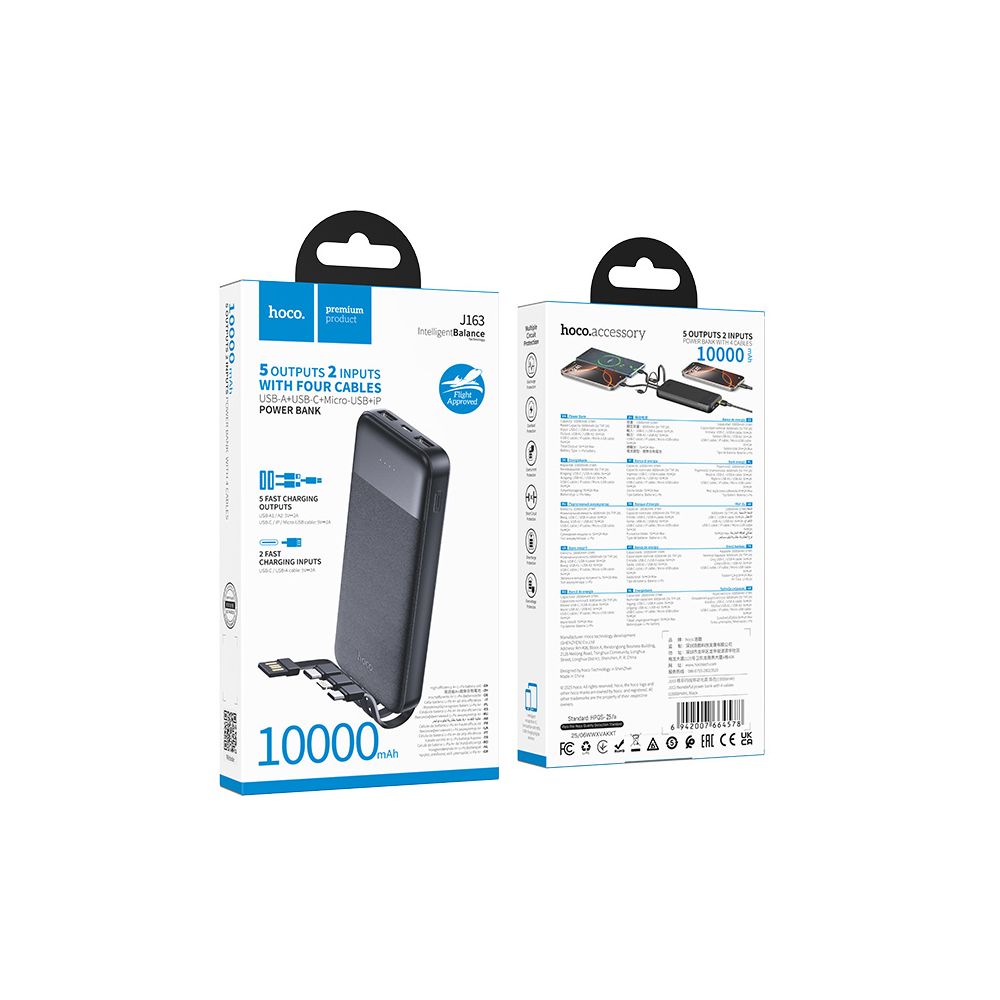Vanjska baterija HOCO J163, 10000mAh, 10W, 1 x Lightning - 1 x microUSB - 2 x USB-A - 1 x USB-C, Crna