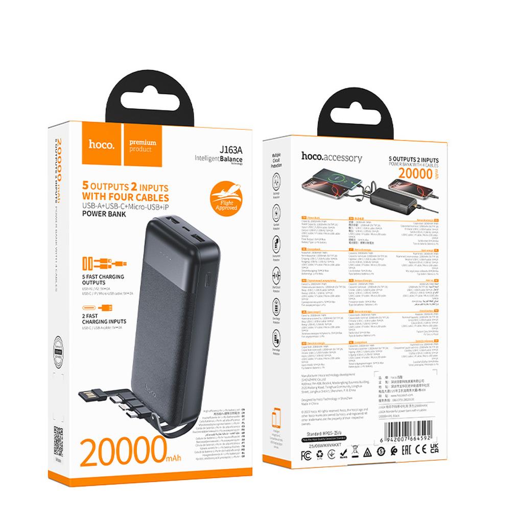 Prijenosna baterija HOCO J163A, 20000 mAh, 10 W, 1 x Lightning - 1 x microUSB - 1 x USB-C - 2 x USB-A, crna
