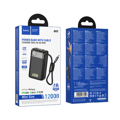 Vanjska baterija HOCO Q53, 12000mAh, 65W, QC + PD, 1 x USB-A - 2 x USB-C, Crna
