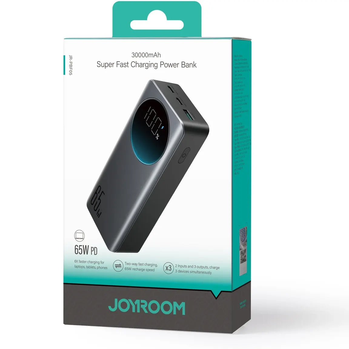 Vanjska baterija Joyroom JR-PBF05, 30000mAh, 65W, QC + PD, 1 x USB-A - 2 x USB-C, Crna