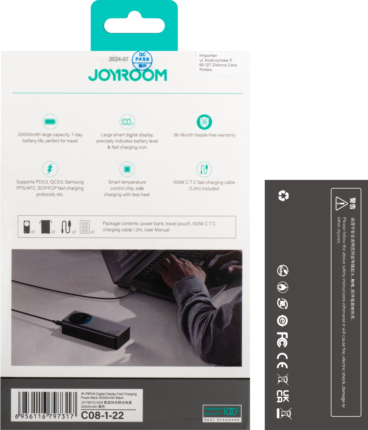 Vanjska baterija Joyroom JR-PBF05, 30000mAh, 65W, QC + PD, 1 x USB-A - 2 x USB-C, Crna