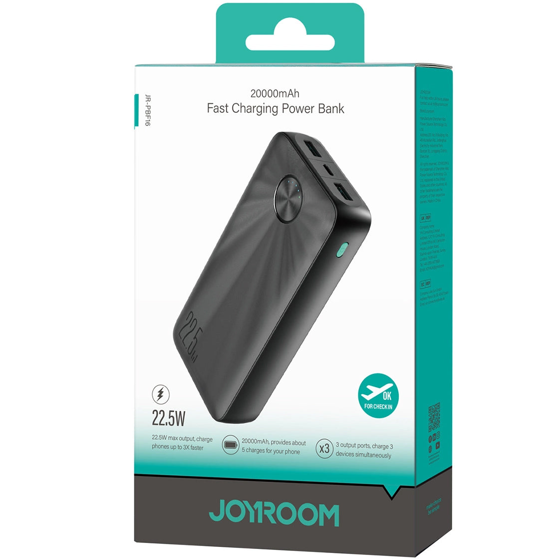 Vanjska baterija Joyroom JR-PBF16, 20000mAh, 22.5W, QC + PD, 1 x USB-C - 2 x USB-A, Crna