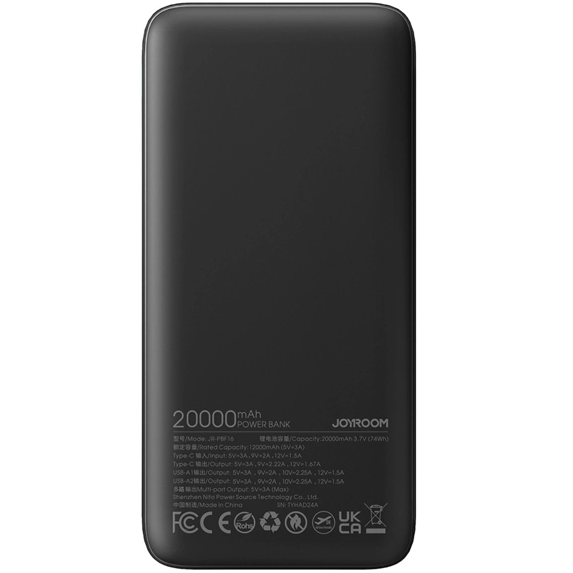 Vanjska baterija Joyroom JR-PBF16, 20000mAh, 22.5W, QC + PD, 1 x USB-C - 2 x USB-A, Crna
