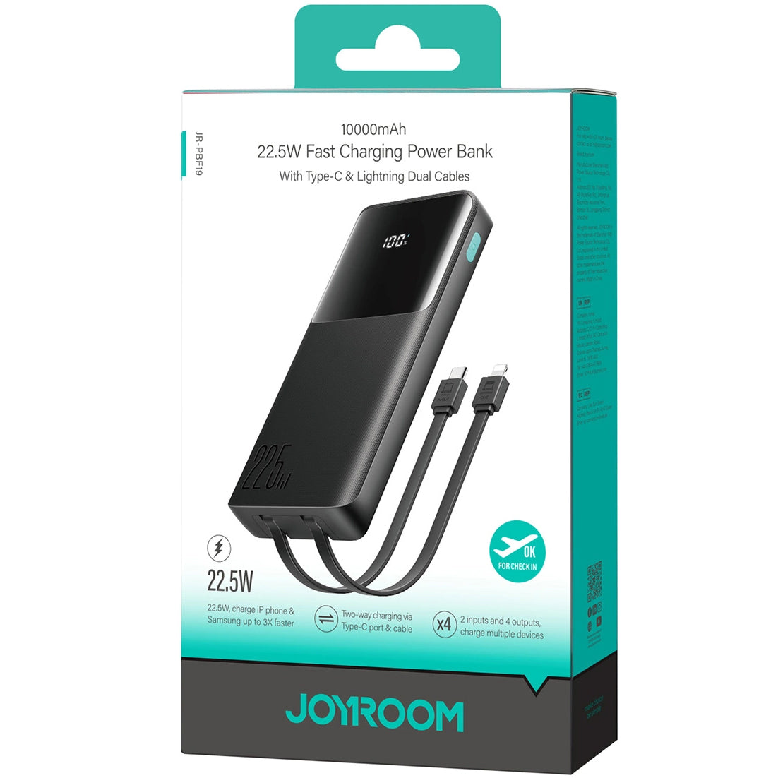 Vanjska baterija Joyroom JR-PBF19, 10000mAh, 22.5W, QC + PD, 1 x Lightning - 1 x USB-A - 2 x USB-C, Crna