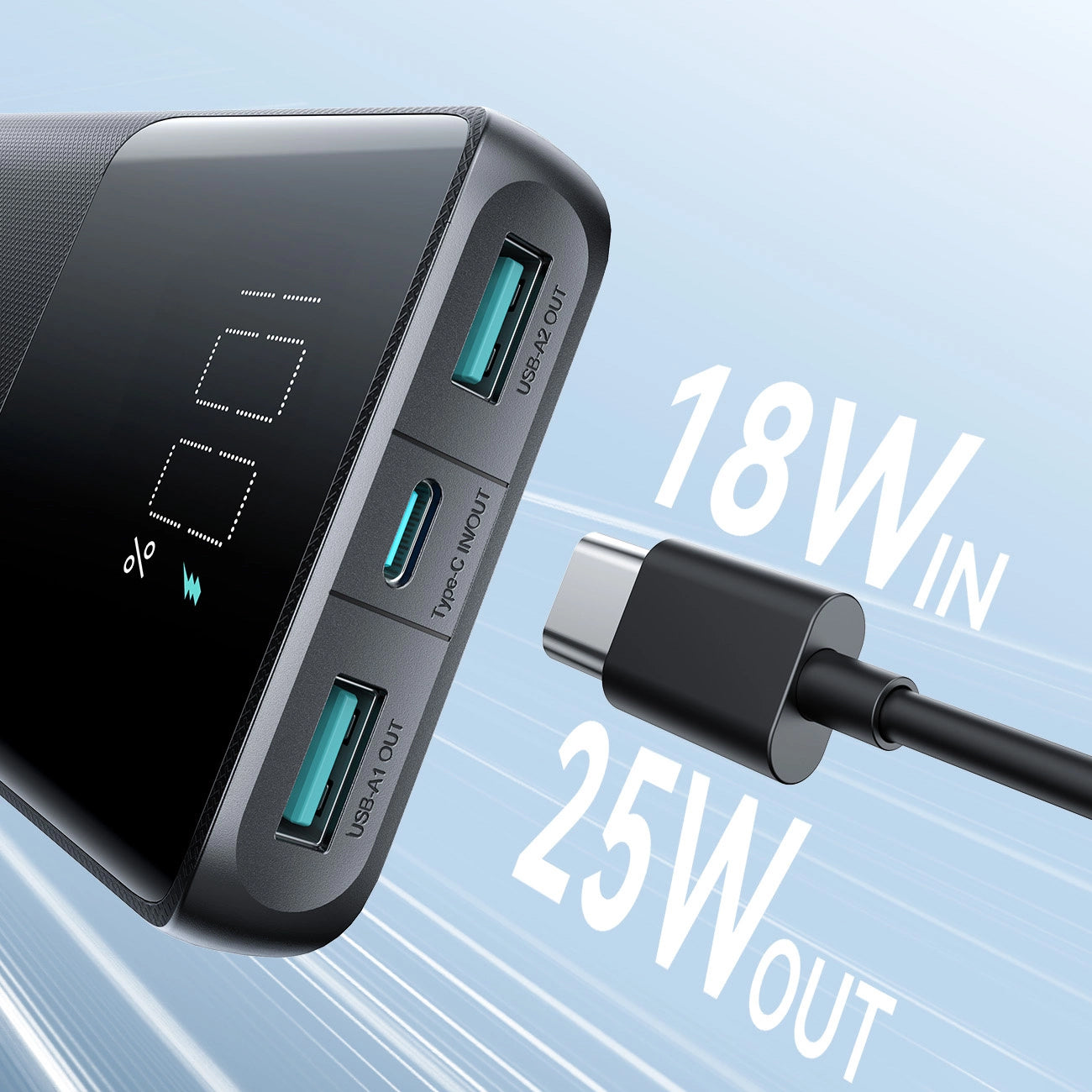 Vanjska baterija Joyroom JR-PBF20, 10000mAh, 25W, QC + PD, 1 x USB-C - 2 x USB-A, Crna