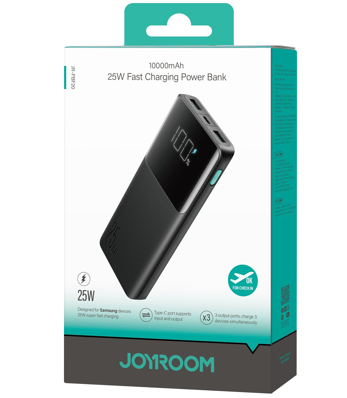 Vanjska baterija Joyroom JR-PBF20, 10000mAh, 25W, QC + PD, 1 x USB-C - 2 x USB-A, Crna