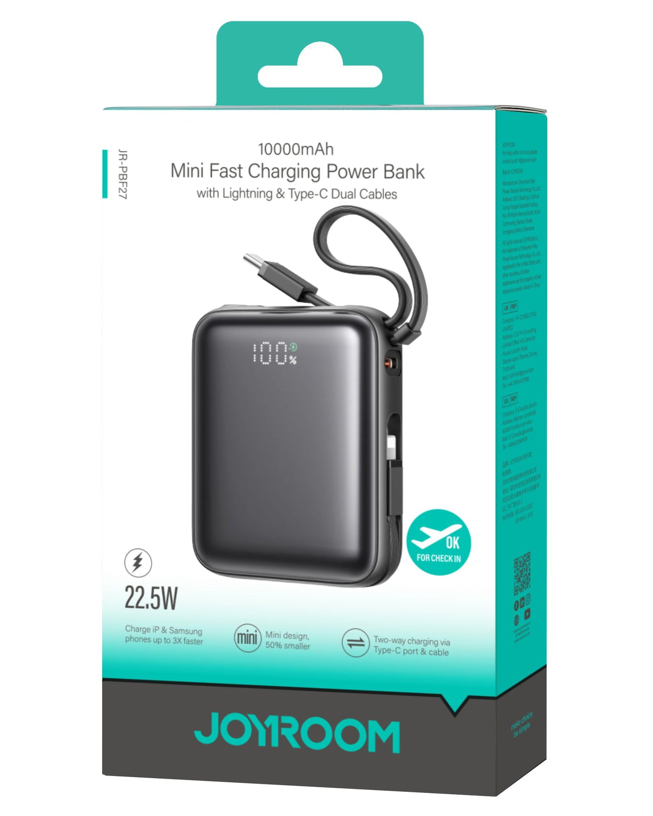 Vanjska baterija Joyroom JR-PBF27, 10000mAh, 22.5W, QC + PD, 1 x Lightning - 2 x USB-C, Crna