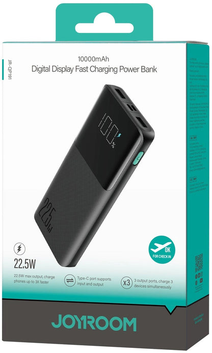 Vanjska baterija Joyroom JR-QP191, 10000mAh, 22.5W, QC + PD, 1 x USB-C - 2 x USB-A, Crna