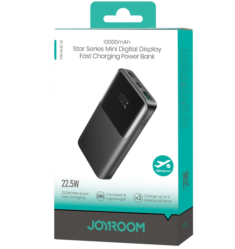 Vanjska baterija Joyroom JR-QP191, 10000mAh, 22.5W, QC + PD, 1 x USB-A - 2 x USB-C, Crna