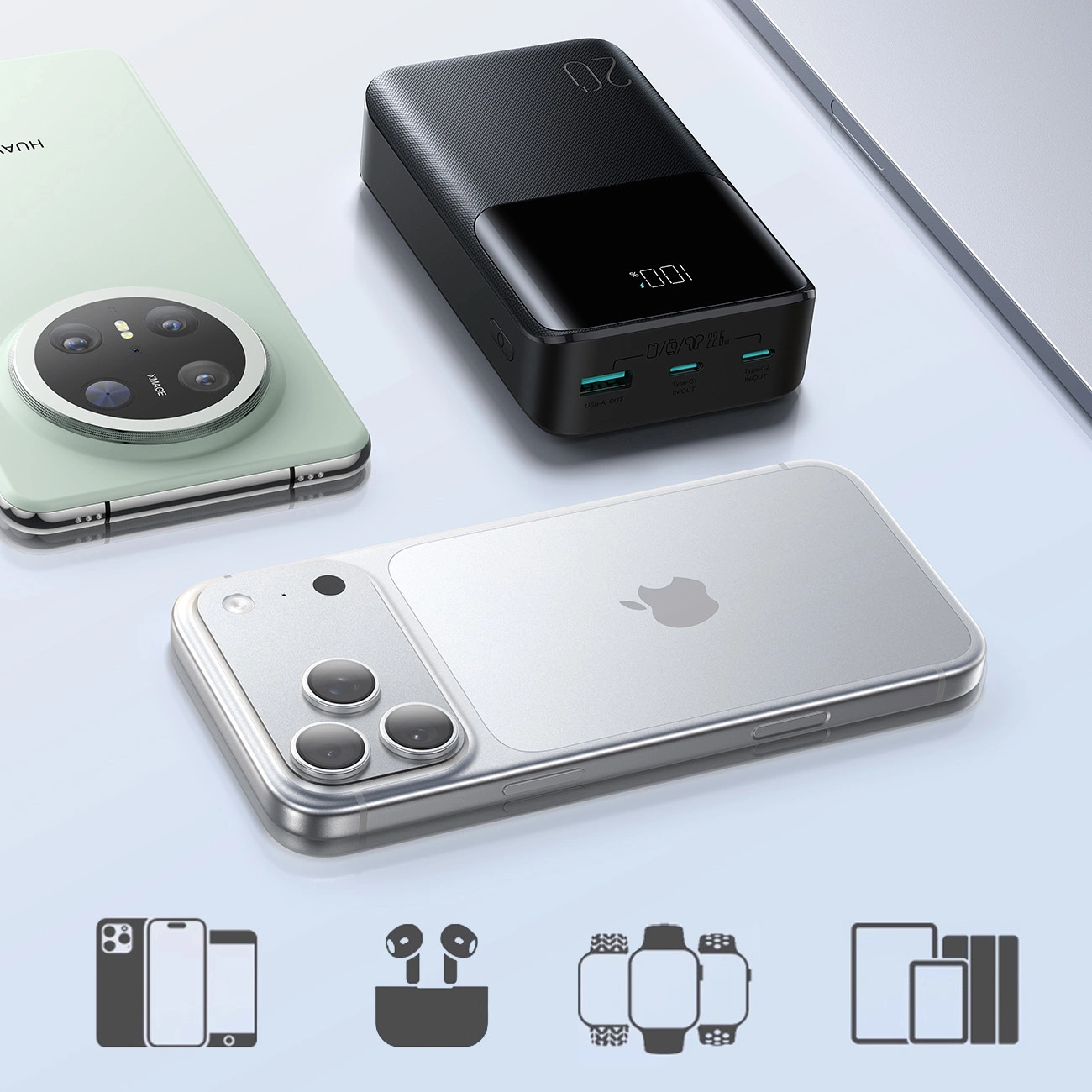 Vanjska baterija Joyroom JR-QP192, 20000mAh, 22.5W, QC + PD, 1 x USB-A - 2 x USB-C, Crna