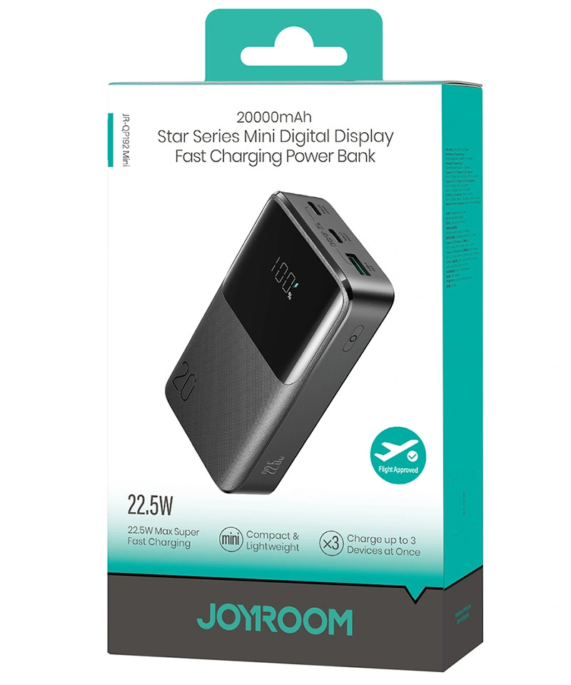 Vanjska baterija Joyroom JR-QP192, 20000mAh, 22.5W, QC + PD, 1 x USB-A - 2 x USB-C, Crna