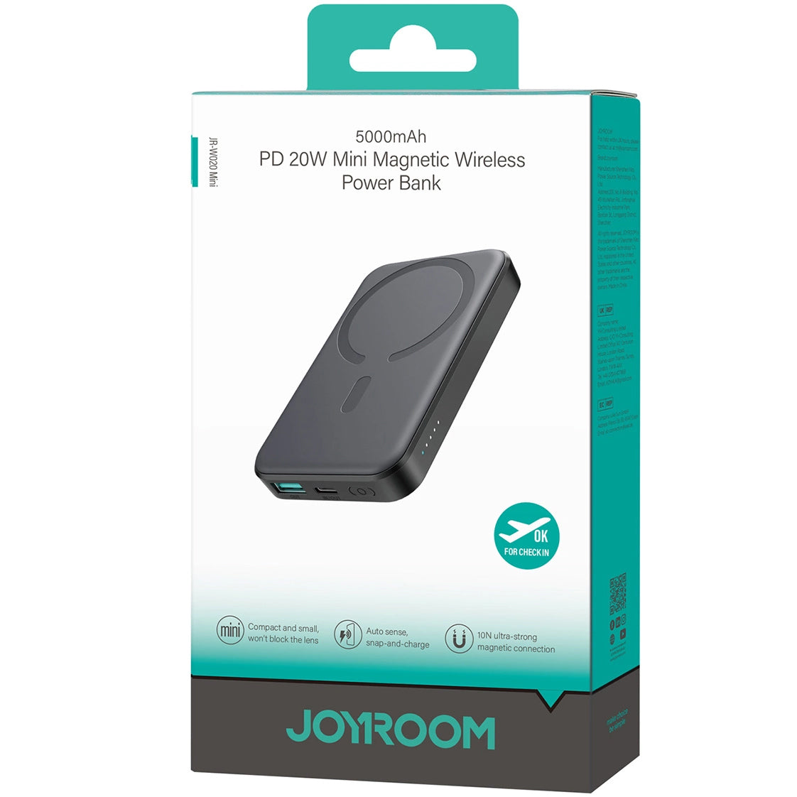 Vanjska baterija Wireless Joyroom JR-W020 Mini, 5000mAh, 20W, QC + PD + FQI, 1 x QI - 1 x USB-A - 1 x USB-C, Crna