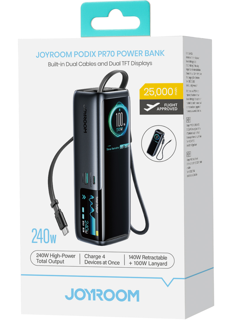 Vanjska baterija Joyroom PODIX PR70, 25000 mAh, 240 W, QC + PD, 1 x USB-A – 3 x USB-C, crna