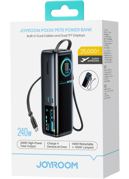 Vanjska baterija Joyroom PODIX PR70, 25000 mAh, 240 W, QC + PD, 1 x USB-A – 3 x USB-C, crna