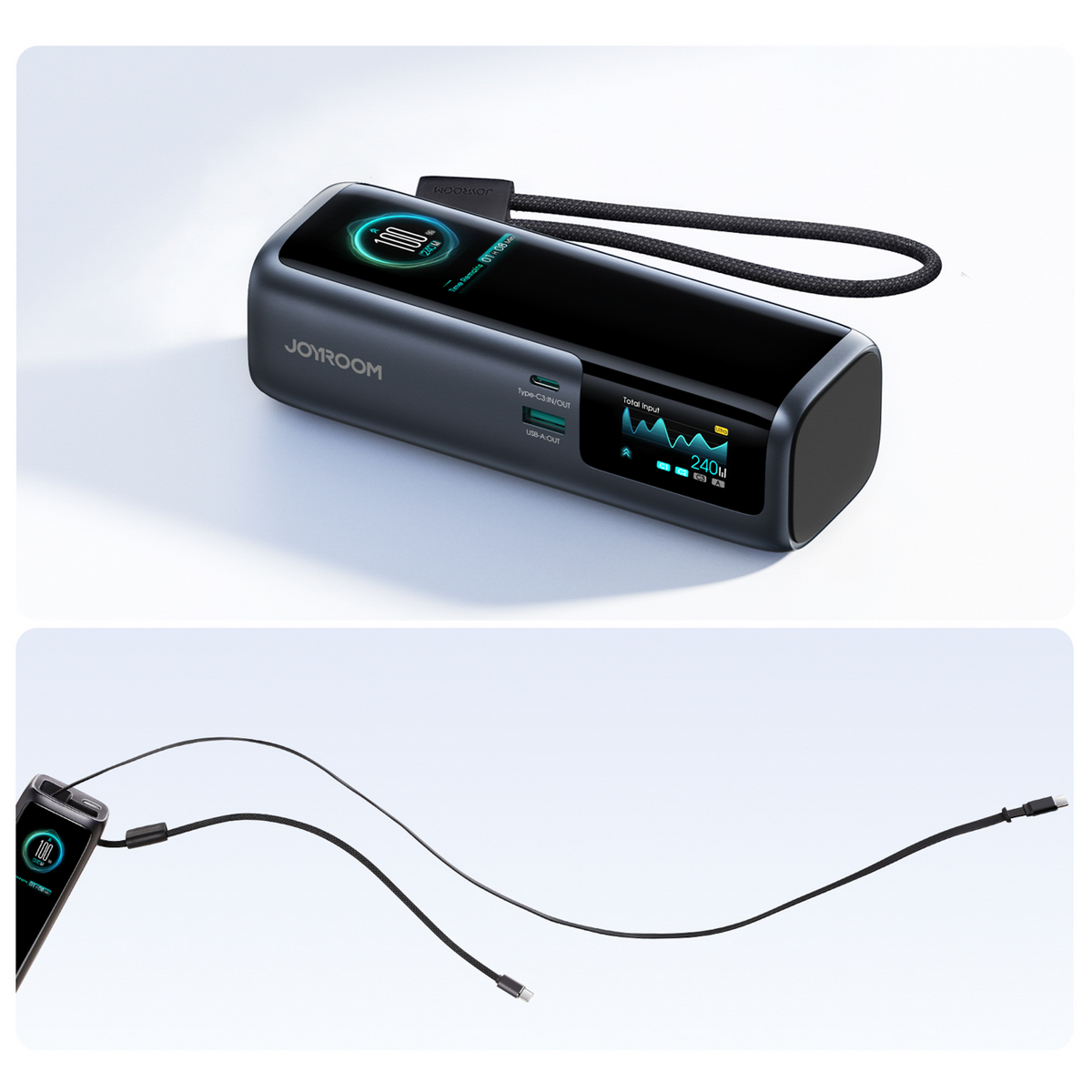 Vanjska baterija Joyroom PODIX PR70, 25000 mAh, 240 W, QC + PD, 1 x USB-A – 3 x USB-C, crna