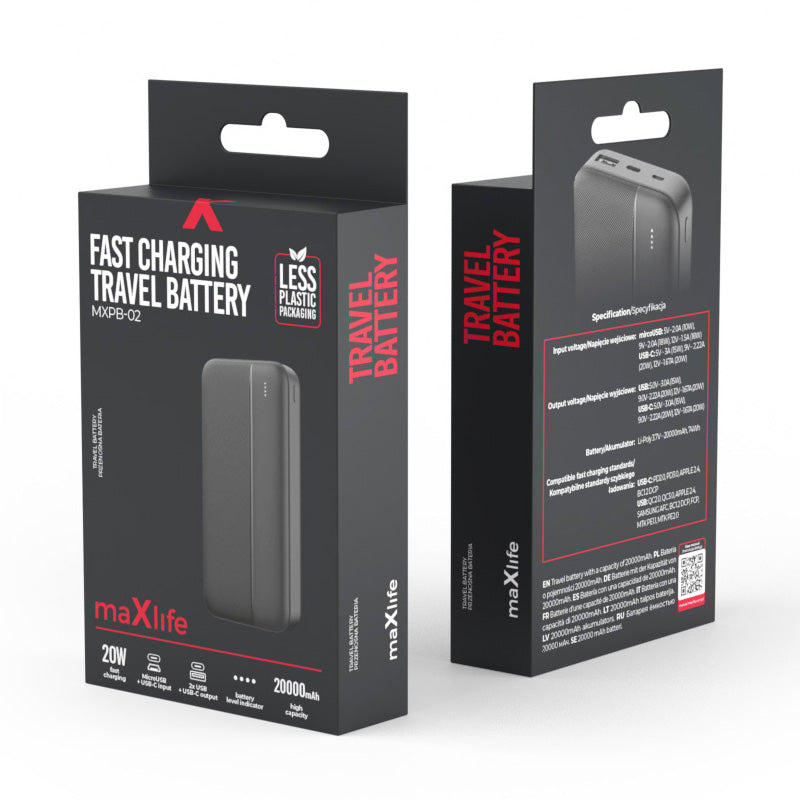 Vanjska baterija MaXlife MXPB-02, 20000mAh, 20W, QC + PD, 1 x USB-A - 1 x USB-C, Crna