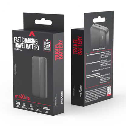Vanjska baterija MaXlife MXPB-02, 20000mAh, 20W, QC + PD, 1 x USB-A - 1 x USB-C, Crna