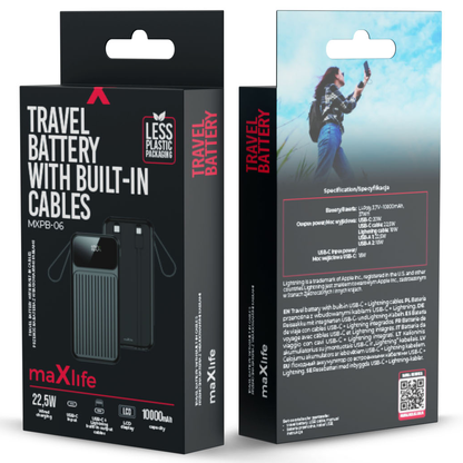 Vanjska baterija MaXlife MXPB-06, 10000mAh, 22.5W, QC + PD, 1 x Lightning - 2 x USB-A - 2 x USB-C, Crna