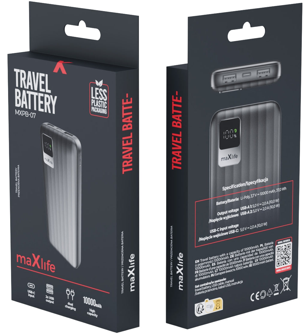 Vanjska baterija MaXlife MXPB-07, 10000mAh, 10W, 2 x USB-A, Crna