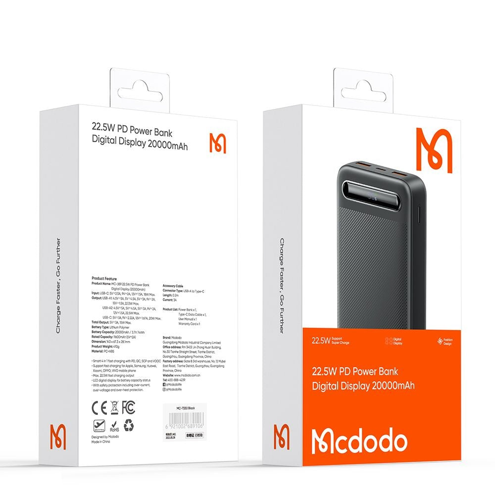 Vanjska baterija McDodo MC-3891 Star, 20000mAh, 22.5W, QC + PD, 2 x USB-A - 1 x USB-C, Crna