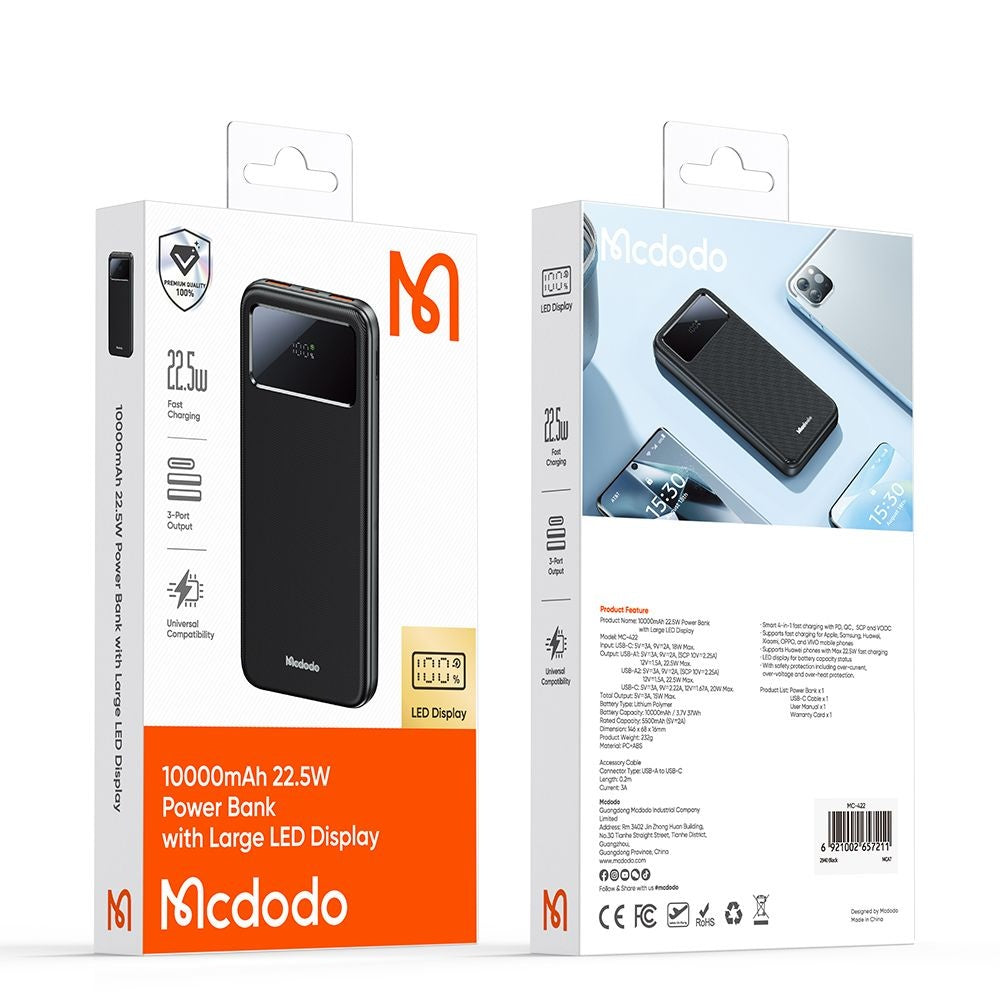 Vanjska baterija McDodo MC-4220, 10000mAh, 22.5W, QC + PD, 2 x USB-A - 1 x USB-C, Crna