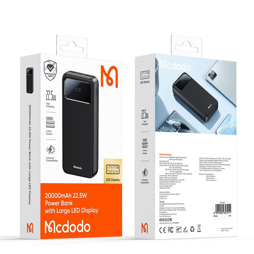 Vanjska baterija McDodo MC-4230, 20000mAh, 22.5W, QC + PD, 2 x USB-A - 1 x USB-C, Crna