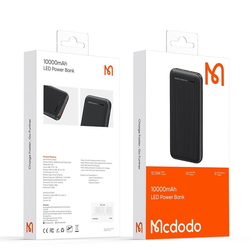 Vanjska baterija McDodo MC-4631 Online, 10000mAh, 10W, 2 x USB-A - 1 x USB-C, Crna