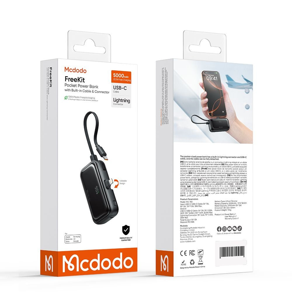Vanjska baterija McDodo MC-7800 Freekit, 5000mAh, 22.5W, PD, 1 x Lightning - 2 x USB-C, Crna