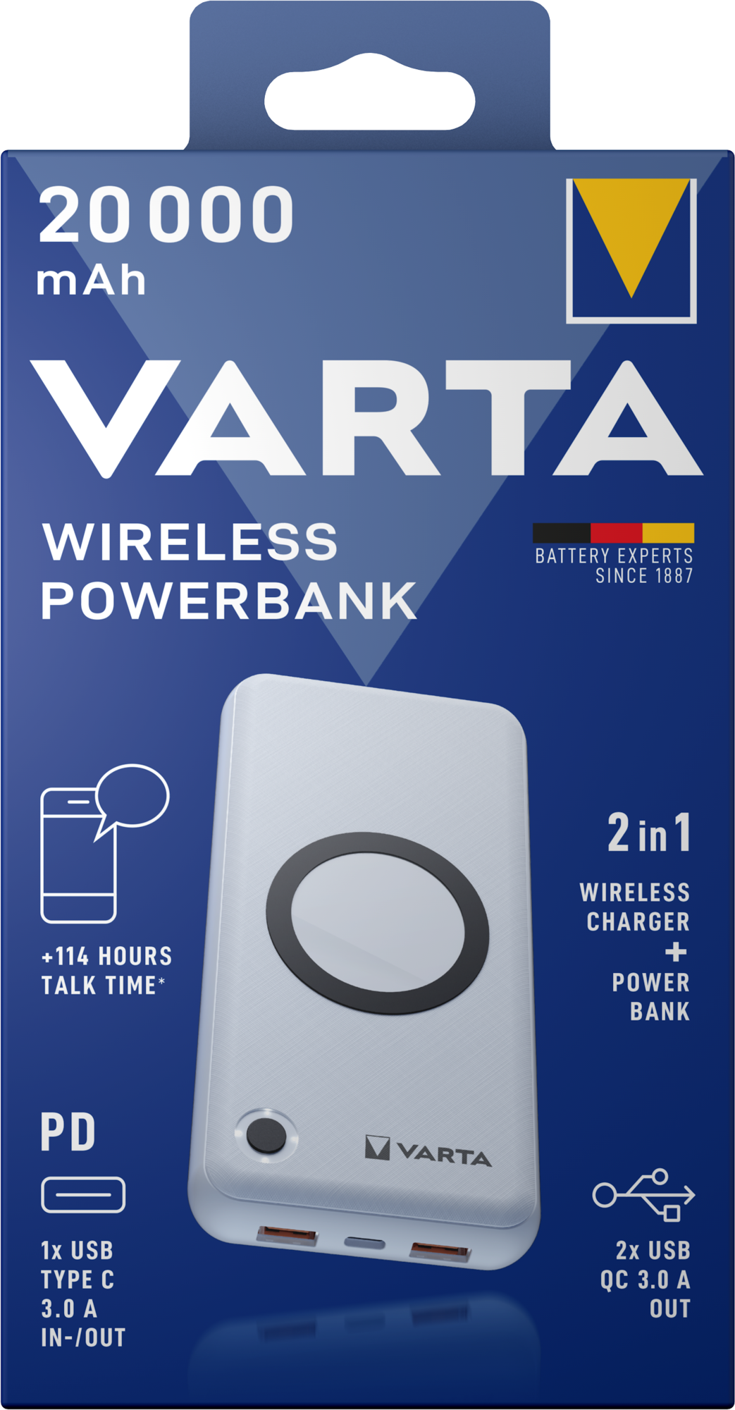 Vanjska bežična baterija Varta Energy, 20000mAh, 18W, QC + PD + FQI, 1 x QI - 1 x USB-C - 2 x USB-A, Bijela