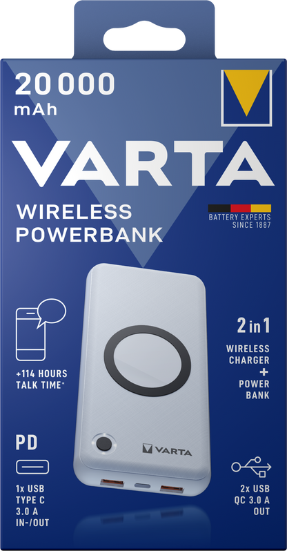 Vanjska bežična baterija Varta Energy, 20000mAh, 18W, QC + PD + FQI, 1 x QI - 1 x USB-C - 2 x USB-A, Bijela