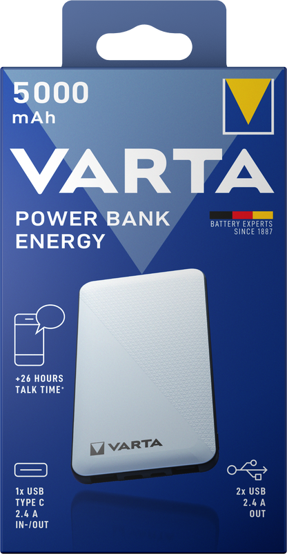 Vanjska baterija Varta Energy, 5000mAh, 15W, 1 x USB-C - 2 x USB-A, Bijela