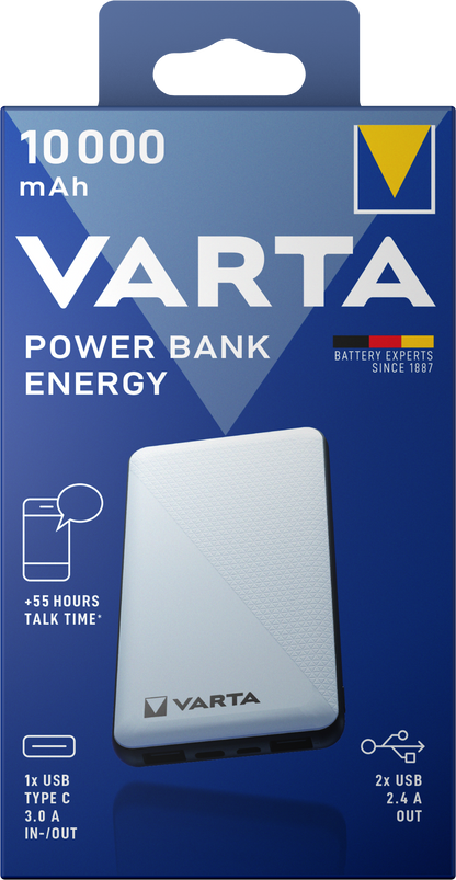 Vanjska baterija Varta Energy, 10000mAh, 15W, 1 x USB-C - 2 x USB-A, Bijela