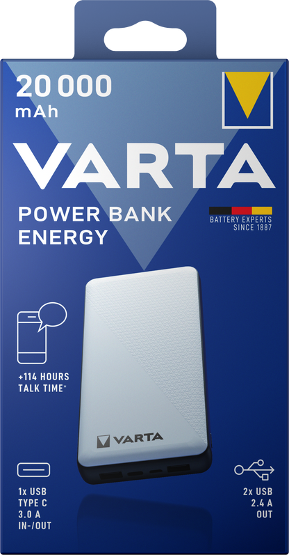 Vanjska baterija Varta Energy, 20000mAh, 15W, 1 x USB-C - 2 x USB-A, Bijela