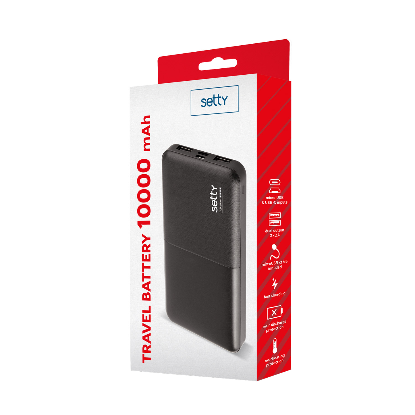 Vanjska baterija Setty, 10000mAh, 10W, 2 x USB-A, Crna