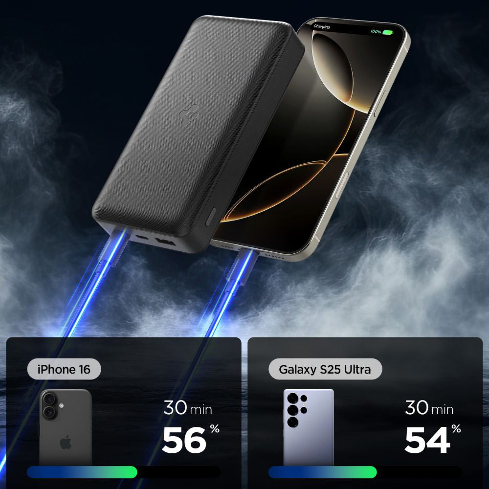 Vanjska baterija Spigen, 30000mAh, 30W, QC + PD, 1 x USB-A - 2 x USB-C, Crna