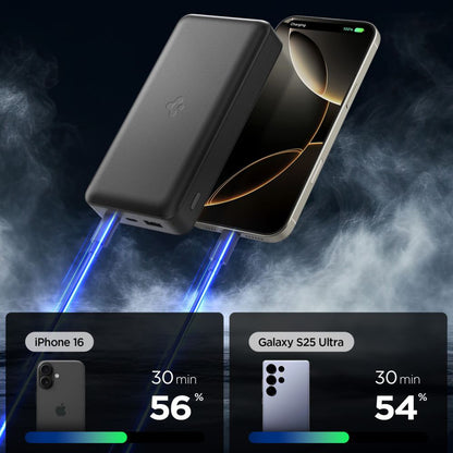 Vanjska baterija Spigen, 30000mAh, 30W, QC + PD, 1 x USB-A - 2 x USB-C, Crna