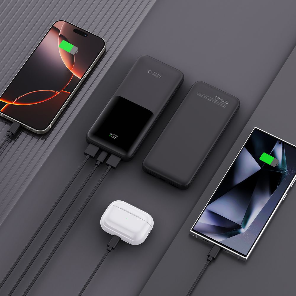 Vanjska baterija Tech-Protect PB01, 10000mAh, 22.5W, QC + PD, 1 x USB-C - 2 x USB-A, Crna